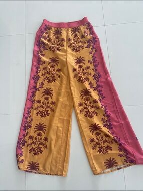 Anthropologie Pink and Gold Floral-Print Wide-Leg Pants